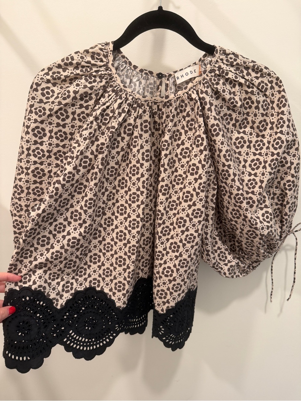RHODE Cream and Black Floral Puff-Sleeve Blouse with Crochet Hem - Picture 2 of 6